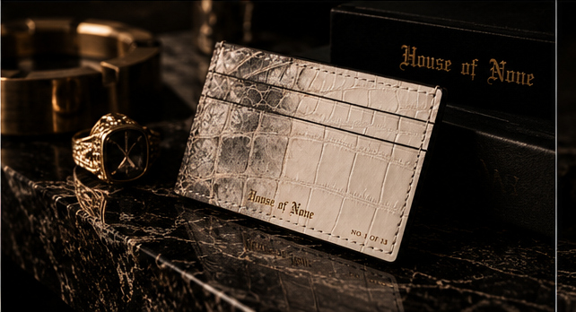SIMUL VOCATI crocodile cardholder beside a signet ring and House of None presentation box